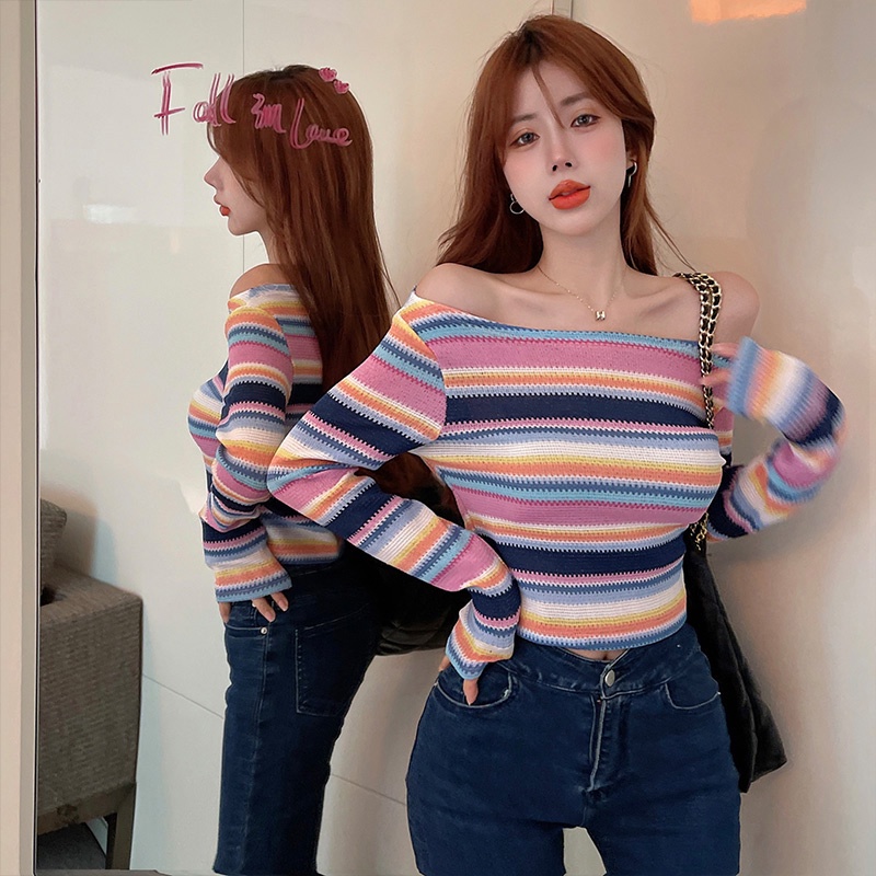 Áo Kiểu Trễ Vai Kẻ Sọc Màu Cầu Vồng Thời Trang Mùa Thu Cho Nữ