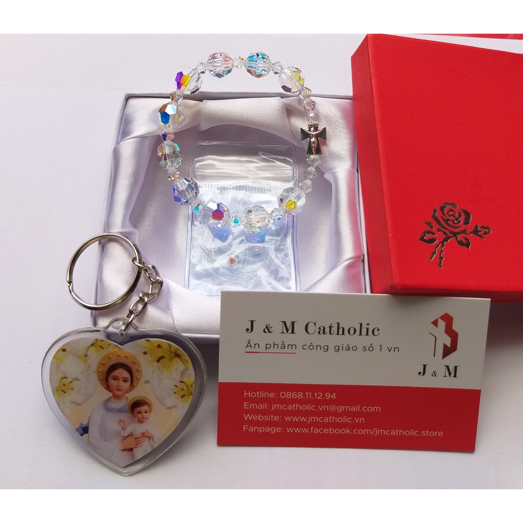 Chuỗi mân côi tràng hạt đeo tay đá pha lê kết hợp Thánh Giá bạc đẹp sang trọng 10mm