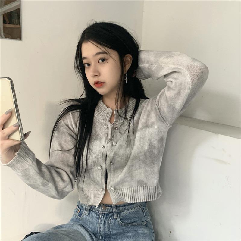 ◎☬Áo khoác Cardigan dệt kim mỏng tay dài dáng rộng màu nhuộm thời trang mùa thu mới cho nữ