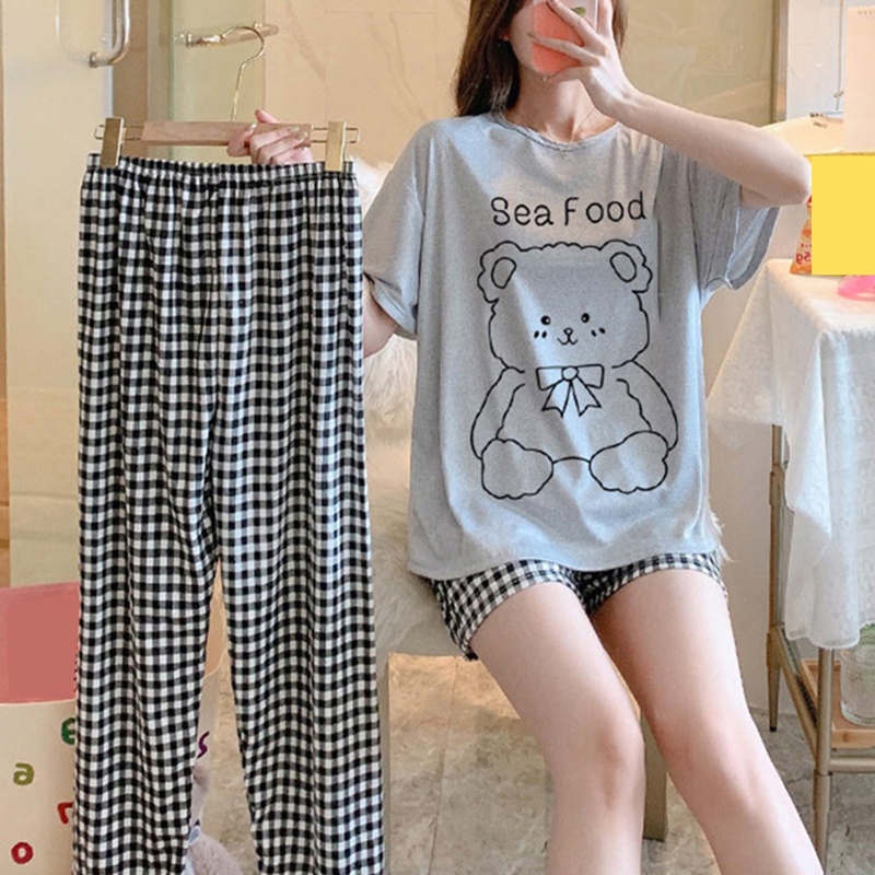 Set Đồ Ngủ 3 Món Gồm Áo Thun Tay Cộc In Họa Tiết Kẻ Sọc / Quần Đùi / Áo Thun In Hình Gấu Dễ Thương Cho Nữ