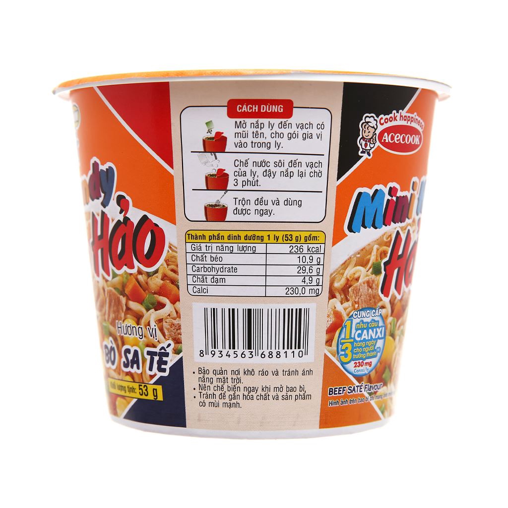 Thùng 12 ly mì ăn liền Mini Handy Hảo Hảo vị bò sa tế 53g