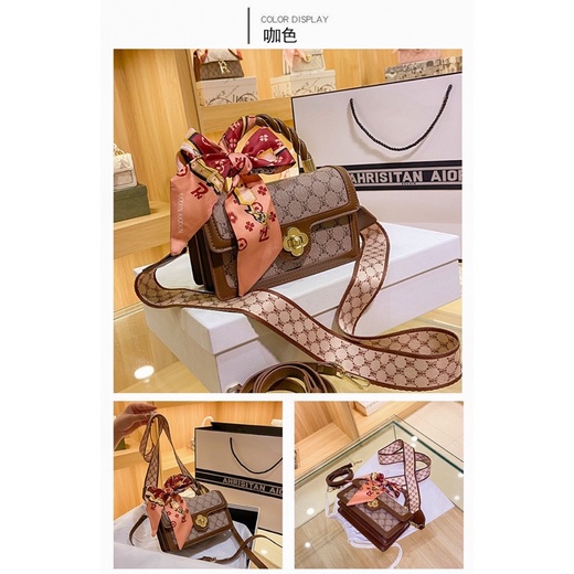 Túi xách Guc.ci kèm khăn sang trọng, giỏ xách nữ gucci nâu phối khăn có dây đeo. Túi xách nữ