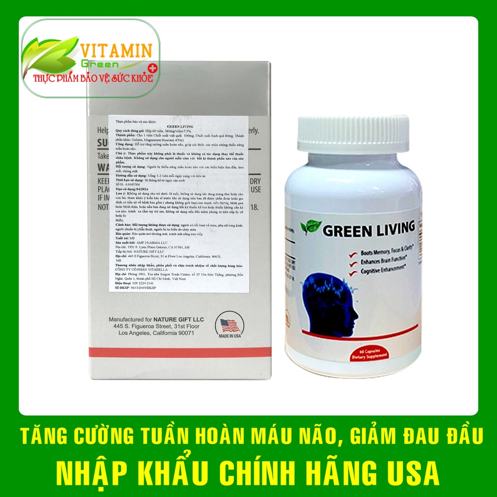Viên uống bổ não Green Living Brain (Việt Quất, Ginkgo biloba) giúp tăng cường tuần hoàn não | Nhập khẩu chính hãng Mỹ