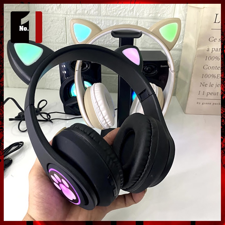 Tai nghe chụp tai Bluetooth mèo cute, headphone chân mèo không dây dễ thương, tai phone gaming có mic, đèn led siêu đẹp