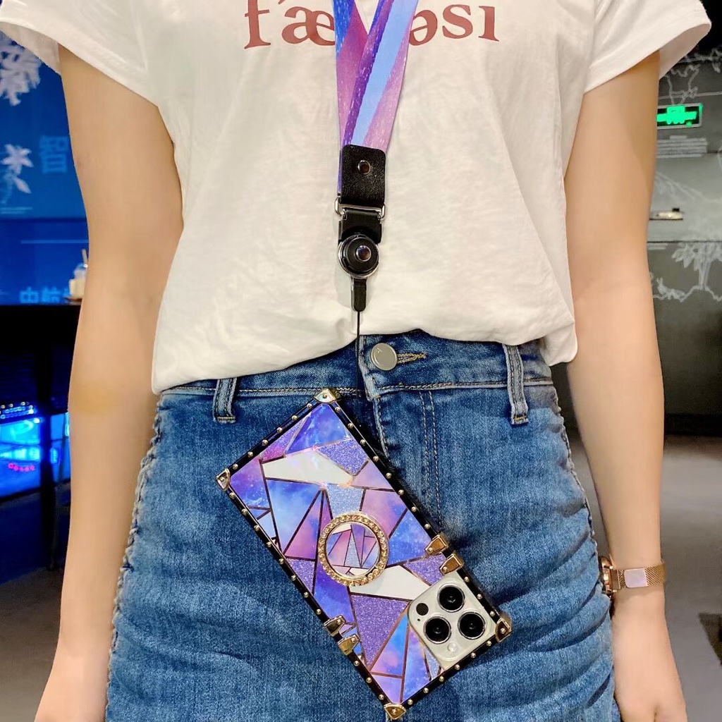 Ốp Điện Thoại Viền Vuông Kim Tuyến Có Vòng Đỡ + Dây Đeo Cho iPhone 6 6S 7 8 Plus X XS Max XR 13 12 Mini 11 Pro Max