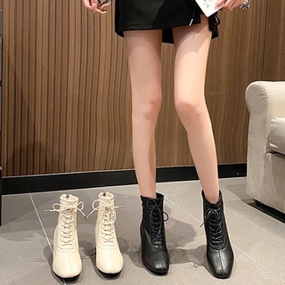 Boot buộc dây da lì có khoá sau, mũi nhọn gót vuông cao 6 phân G53