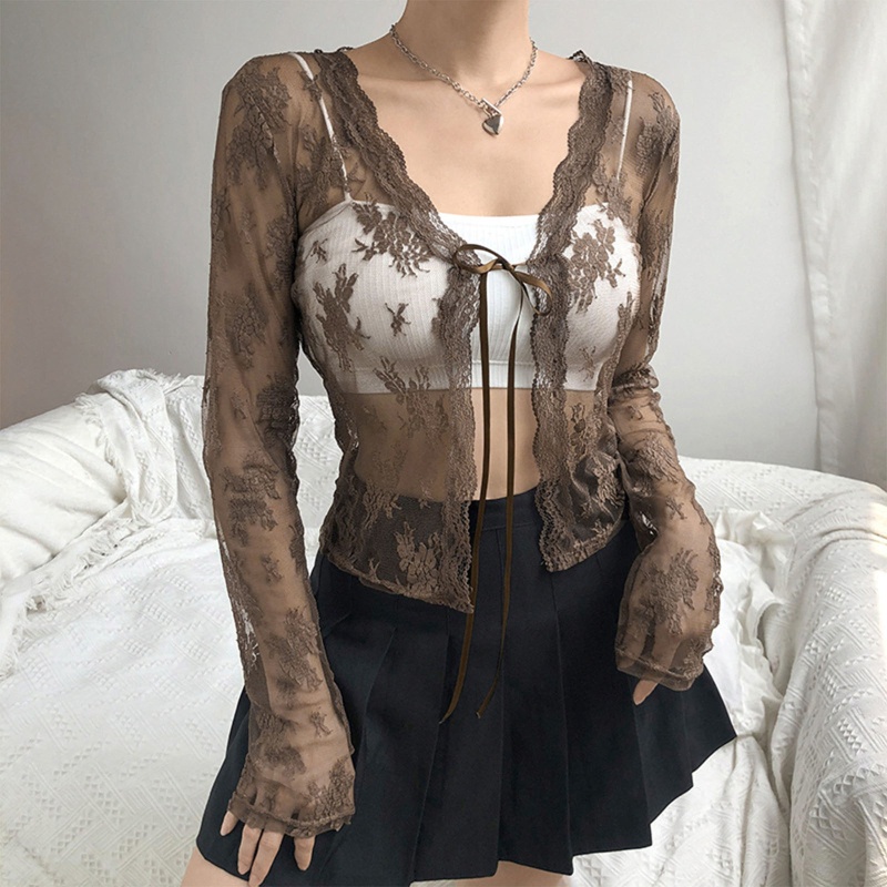 Áo Khoác Cardigan Ren Xuyên Thấu Dài Tay Thời Trang Nữ