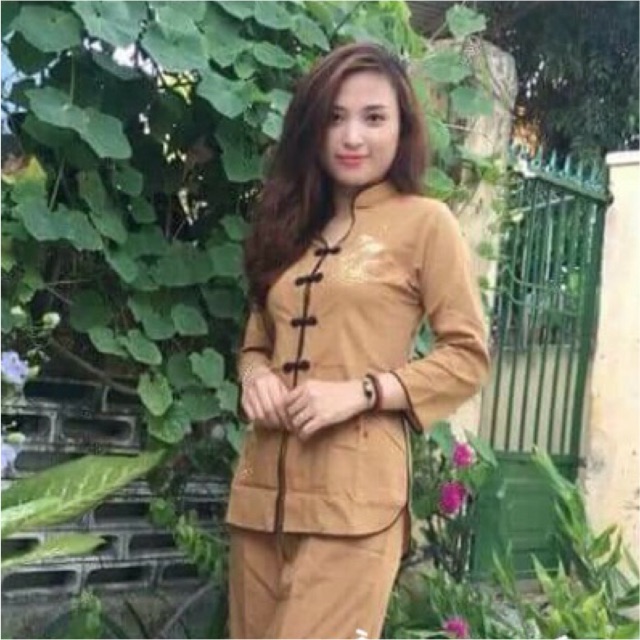 Bộ đi chùa , cổ tàu thêu sen màu nâu , bộ đà đi chùa