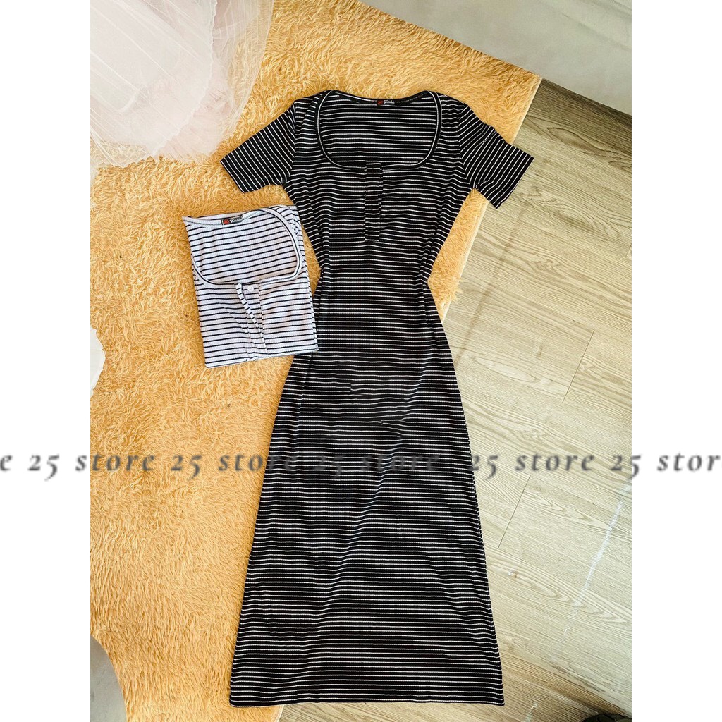 Đầm body dáng dài maxi nữ sọc vằn có cúc chất thun gân dày mịn - 25 STORE
