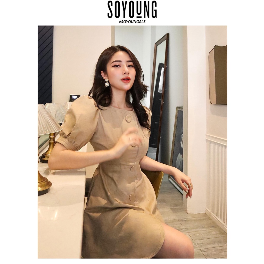 Váy đầm dáng A JENNA SO YOUNG thiết kế tay phồng classy giả cúc dọc line váy chất liệu khaki dệt cao cấp