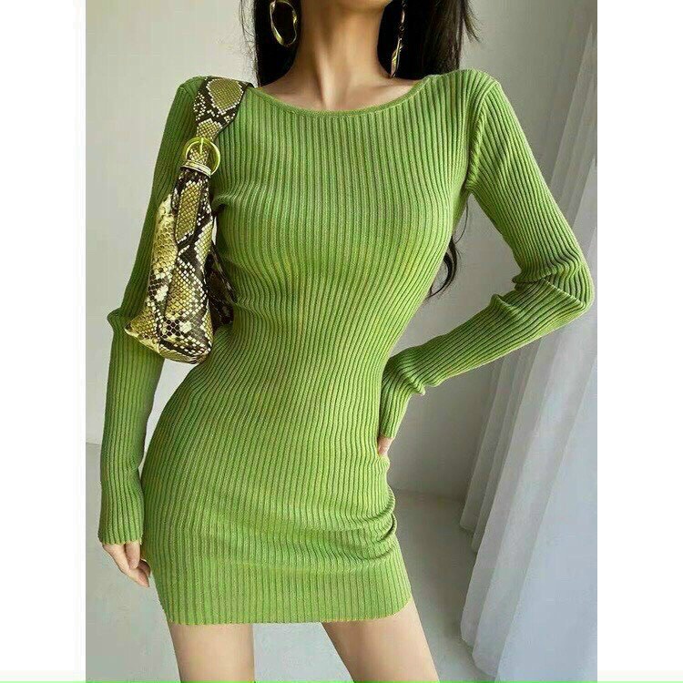 Đầm xoắn ngực dài tay thun gân ôm body