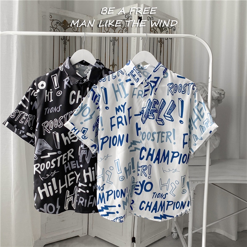 Áo sơ mi nam tay ngắn họa tiết chữ tiếng Anh size M-3XL phong cách Hawaii thời trang mới mùa hè 2021