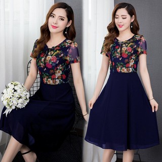 Đầm xòe chiffon cao cấp in 3D hoa mùa thu phối ren