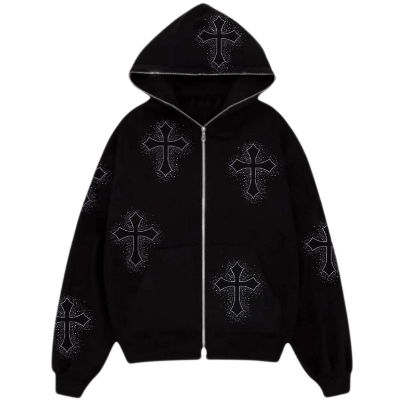 Áo Hoodie Dây Kéo Đính Đá 10MK Phong Cách Hip Hop Punk Gothic