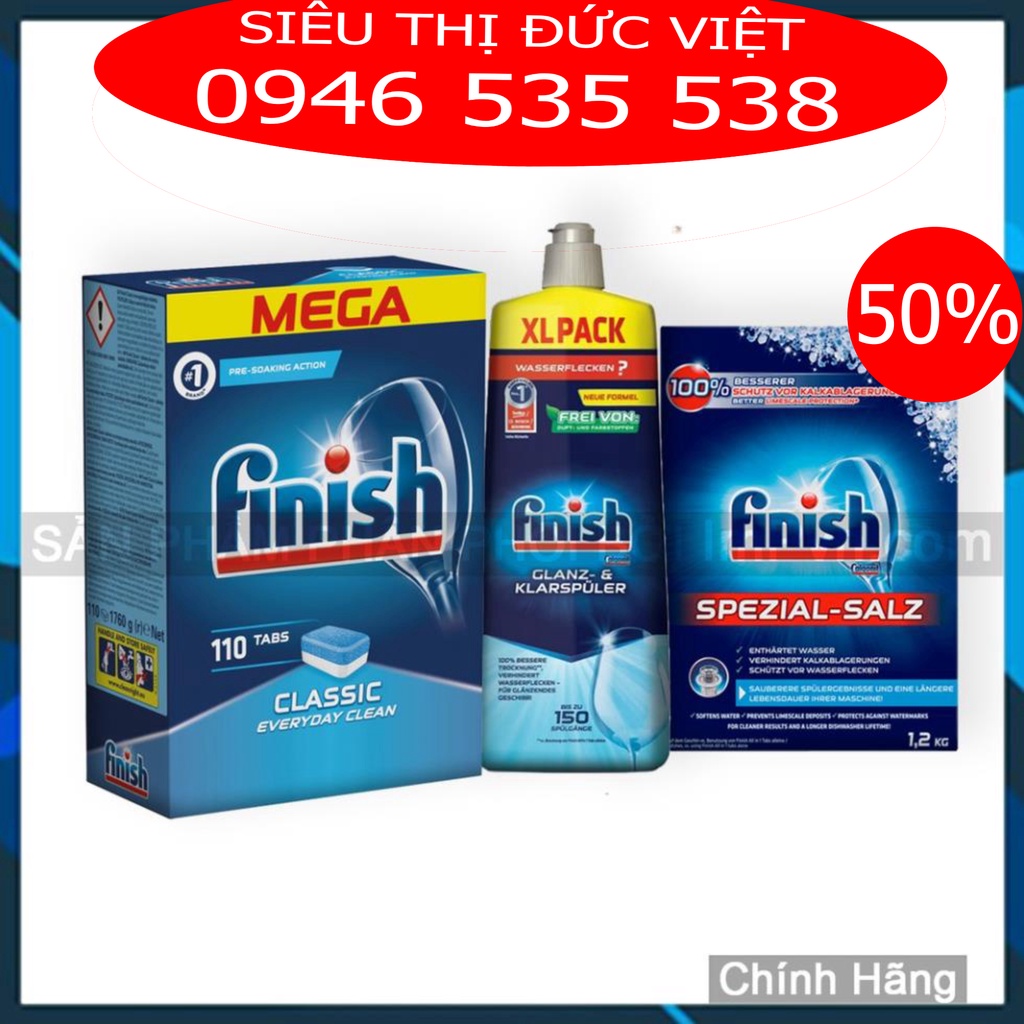 Combo viên rửa bát Finish Hộp Classic 110 viên, Muối 1.2kg, Nước làm bóng 750ml - siêu thị đức việt