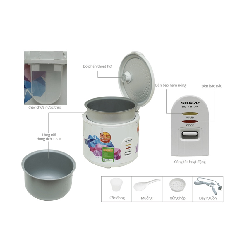 Nồi cơm điện Sharp 1.8 lít KS-18TJV Hàng chính hãng,100% mới