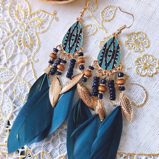 Bông tai nữ đẹp - Khuyên tai nữ đẹp thời trang phong cách bohemian lông vũ tua rua màu xanh dương