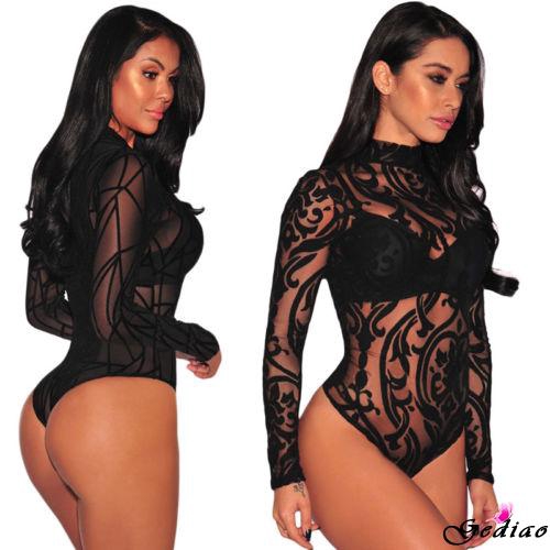 Bộ bodysuit dài tay phối ren cho nữ phong cách gợi cảm quyến rũ