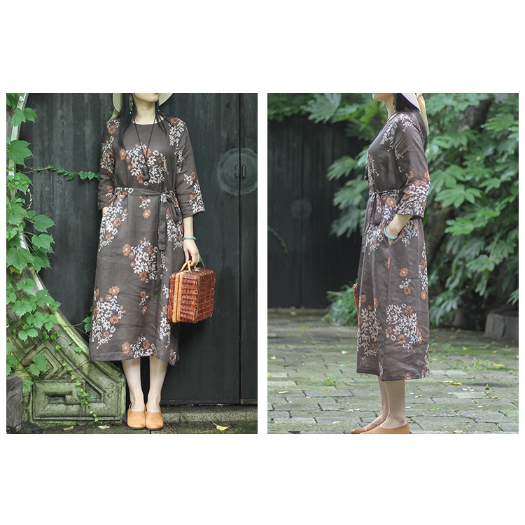 Đầm Hoa Dáng Suông Tay Lửng Cổ Điển Cho Nữ, Đầm Linen Túi Hông Kèm Dây Thắt Eo Da181