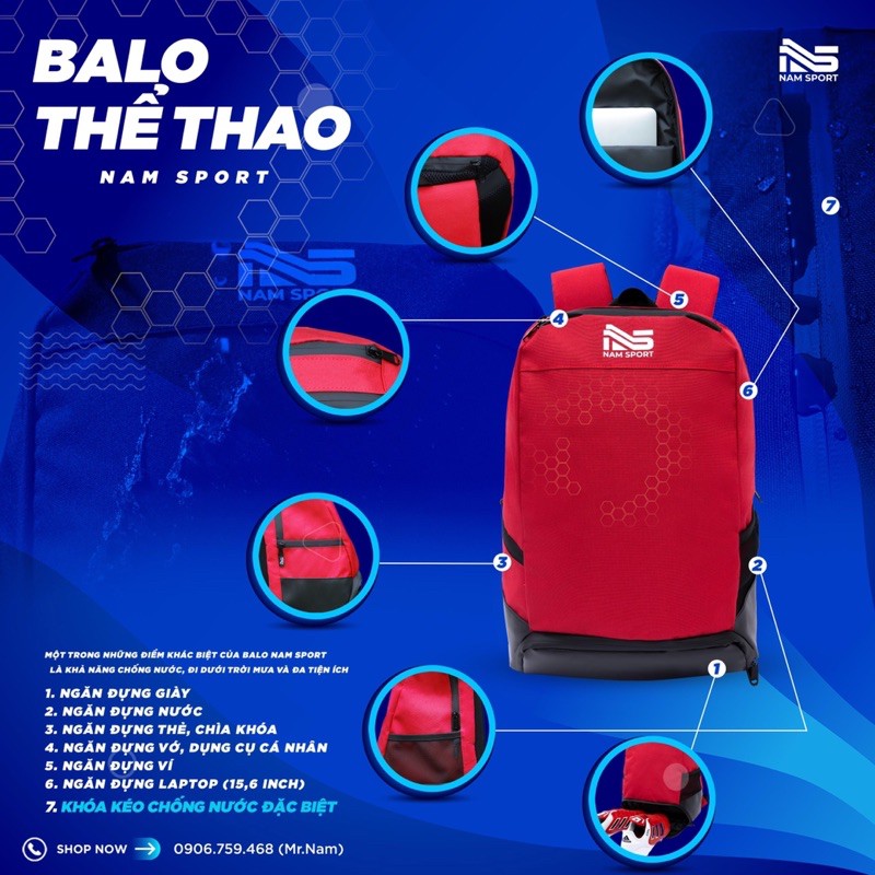 Balo bóng đá cao cấp Nam Sport Đỏ - Có ngăn để giày, đồ dơ riêng - Chống nước