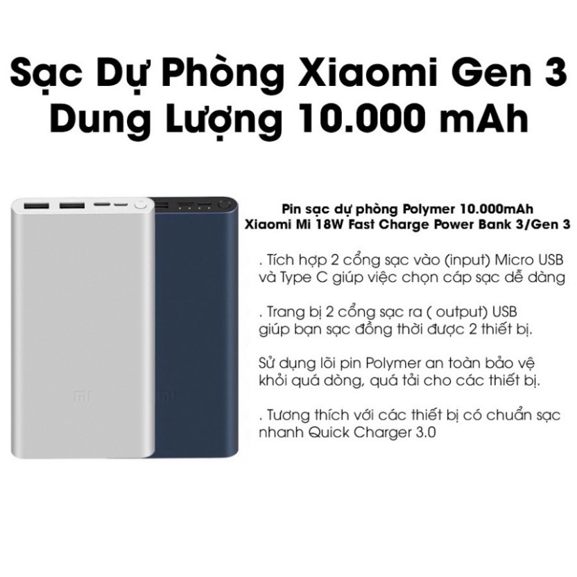 Sạc dự phòng Xiaomi gen 3 20000mAh/10000mAh, Redmi cổng USB, type C Fast Charge Power Bank