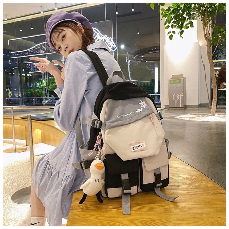 Balo Quảng Châu Guofei 2 Túi Phối Màu Pastel Chất Vải Chống Thấm 2810 Shop Cặp Nữ Đi Học Thời Trang (Tặng Móc Vịt Cute)
