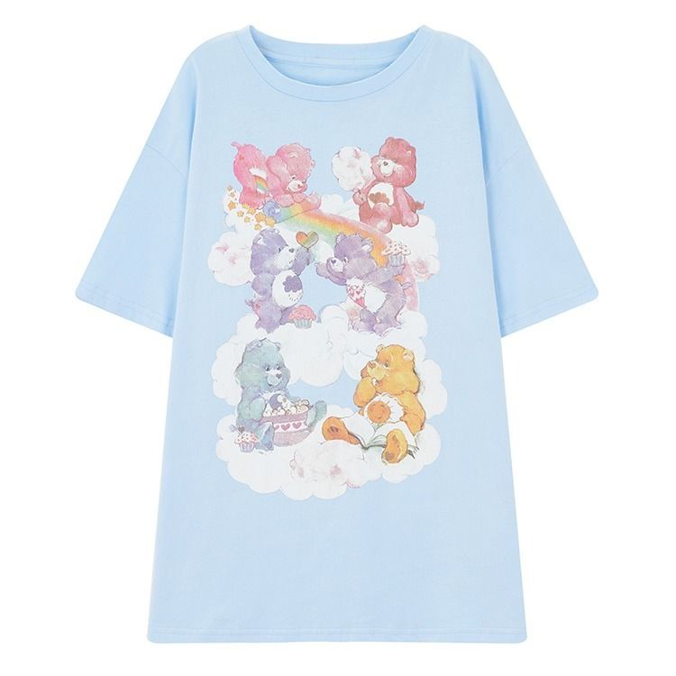 Jiashucheng Áo Thun Cotton Tay Ngắn Dáng Rộng In Hình Gấu Màu Xanh Dương Thời Trang Mùa Hè 2023 Mới Cho Nữ