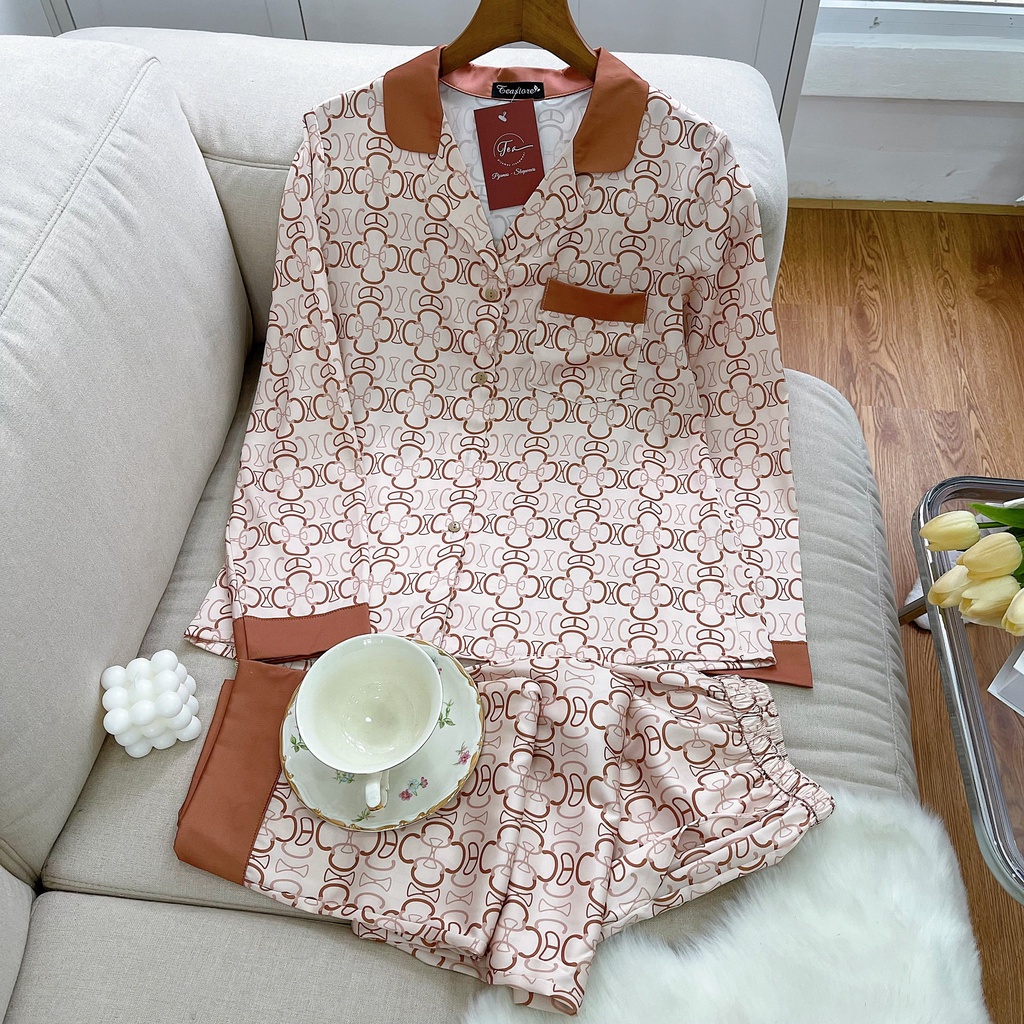 Bộ mặc nhà Pyjama lụa cao cấp Tea Store tay dài quần dài họa tiết chữ C 3 màu