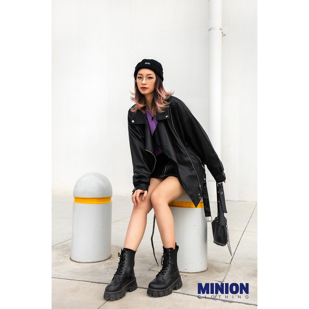 Áo khoác da MINION CLOTHING có đai jacket leather Ulzzang Streetwear Hàn Quốc 2 lớp dày dặn không bong chóc A2814