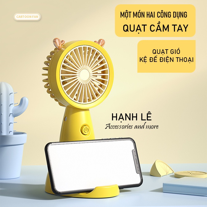 Quạt mini tích điện đeo cổ cầm tay có đế để bàn kèm theo giá đỡ điện thoại và dây đeo, nhỏ gọn dễ thương tai mèo dễ dàng