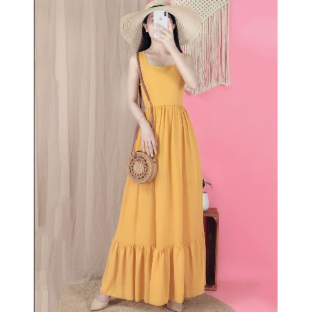 Đầm MAXI 2 dây Đen + Vàng