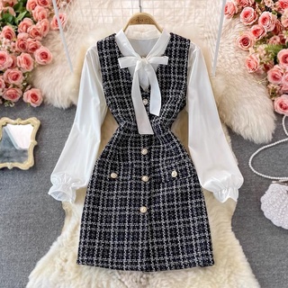 Set đầm mix áo sơ mi công sở, đầm dạ tweed, áo sơ mi kèm nơ công sở