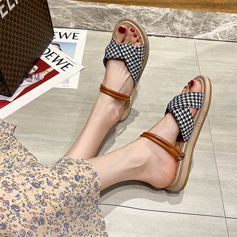 Giày sandal IELGY đế bằng phối sọc caro phong cách Hàn Quốc cho nữ