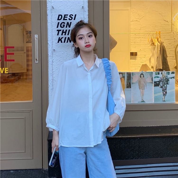 Áo sơ mi nữ tay dài màu trơn phong cách retro sành điệu