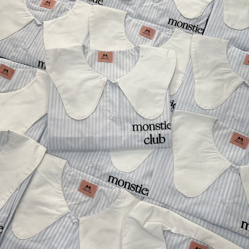 Áo Sơ Mi Sọc Xanh Tay Dài Cổ Cách Điệu - Thêu chữ Monstier