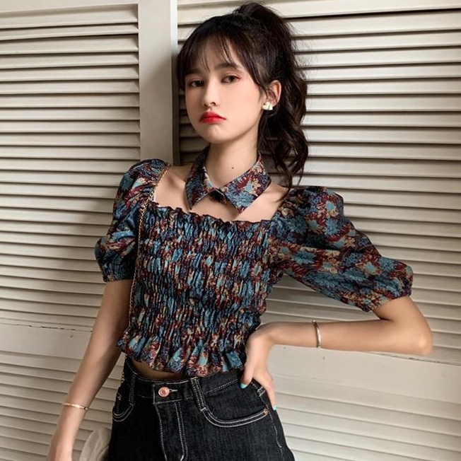 AMOI Áo Kiểu Tay Phồng Cổ Vuông Họa Tiết Hoa Phong Cách Retro Hàn Quốc