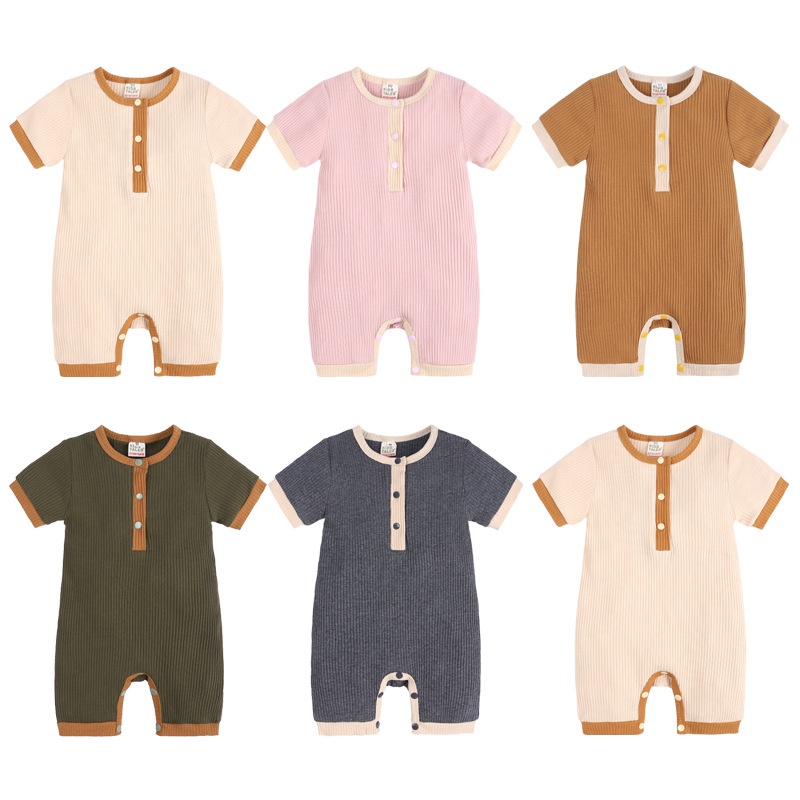 Áo Liền Quần Tay Ngắn Màu Trơn Bằng Vải Cotton Cho Bé Trai Và Gái Sơ Sinh 0-24 Tháng Tuổi
