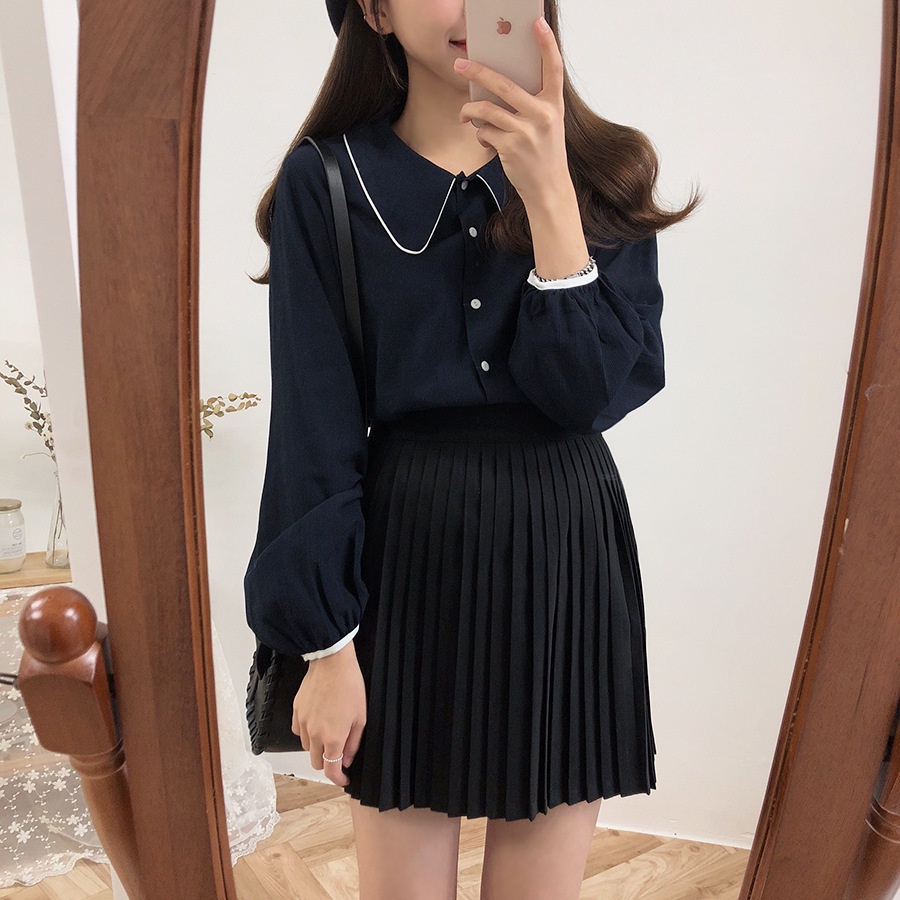 MS254 Áo sơ mi nữ cổ sen phối viền màu vintage