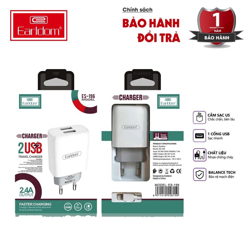 Bộ sạc cáp nhanh Earldom ES196 Chính Hãng 2 ổ cắm USB dành cho Iphone Samsung Ipad - BH 1 Năm