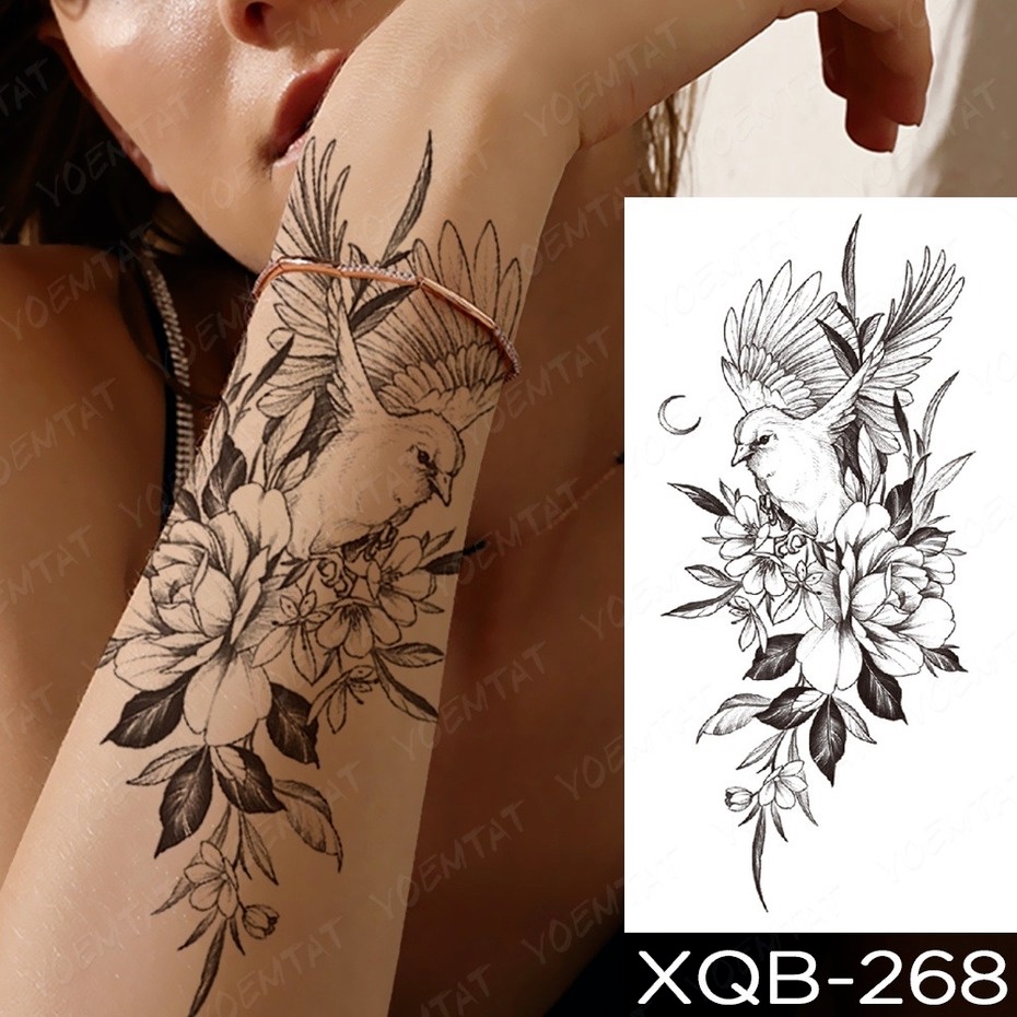 Miếng Dán Giả Hình Xăm Tạm Thời Họa Tiết Hoa Lá Và Bướm Màu Đen Chống Thấm Nước