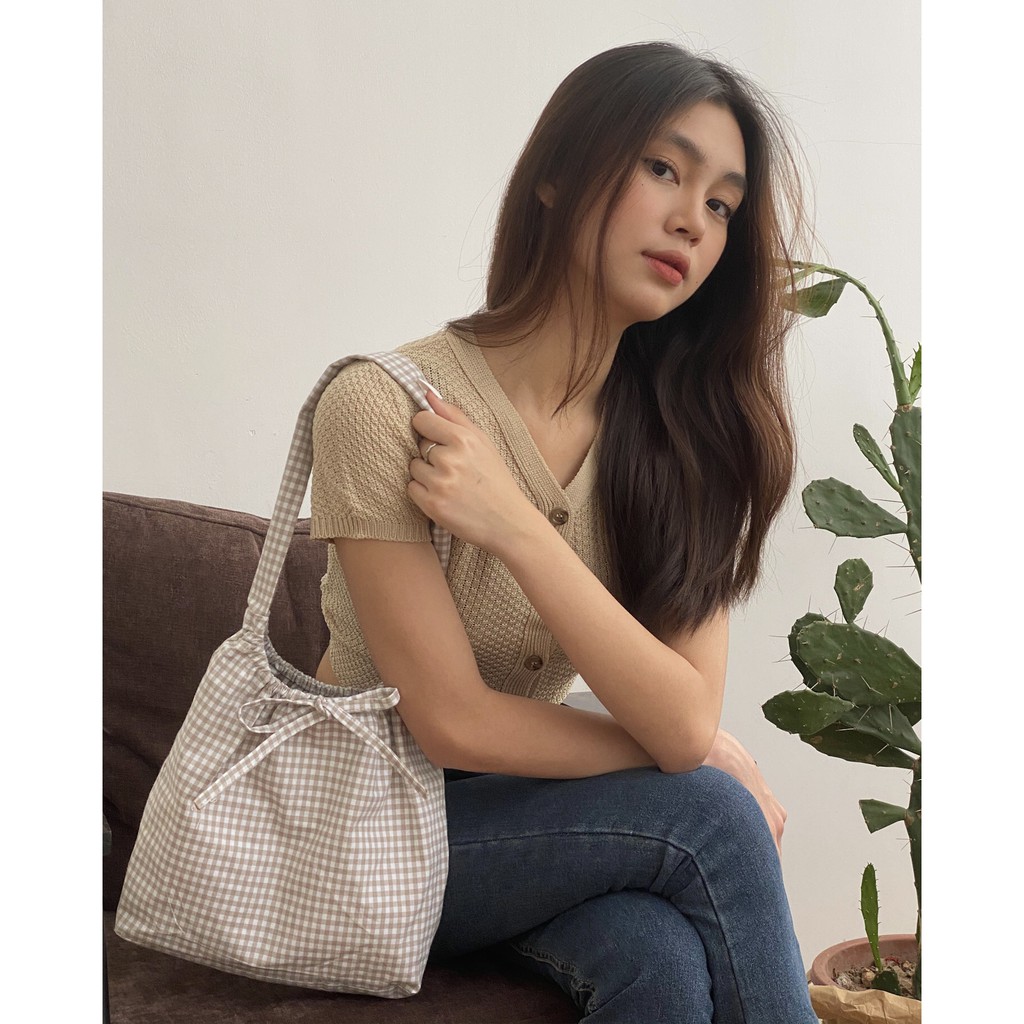 Túi vải kẻ rút chun Poesi RUCHED BAG