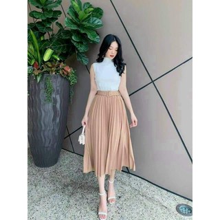 Chân váy xoè dập ly kèm đai
