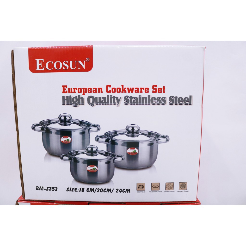 Bộ nồi inox 3 đáy bếp từ Ecosun BM-S352 18-20-24cm (Nắp Inox – Dùng được với mọi loại bếp)