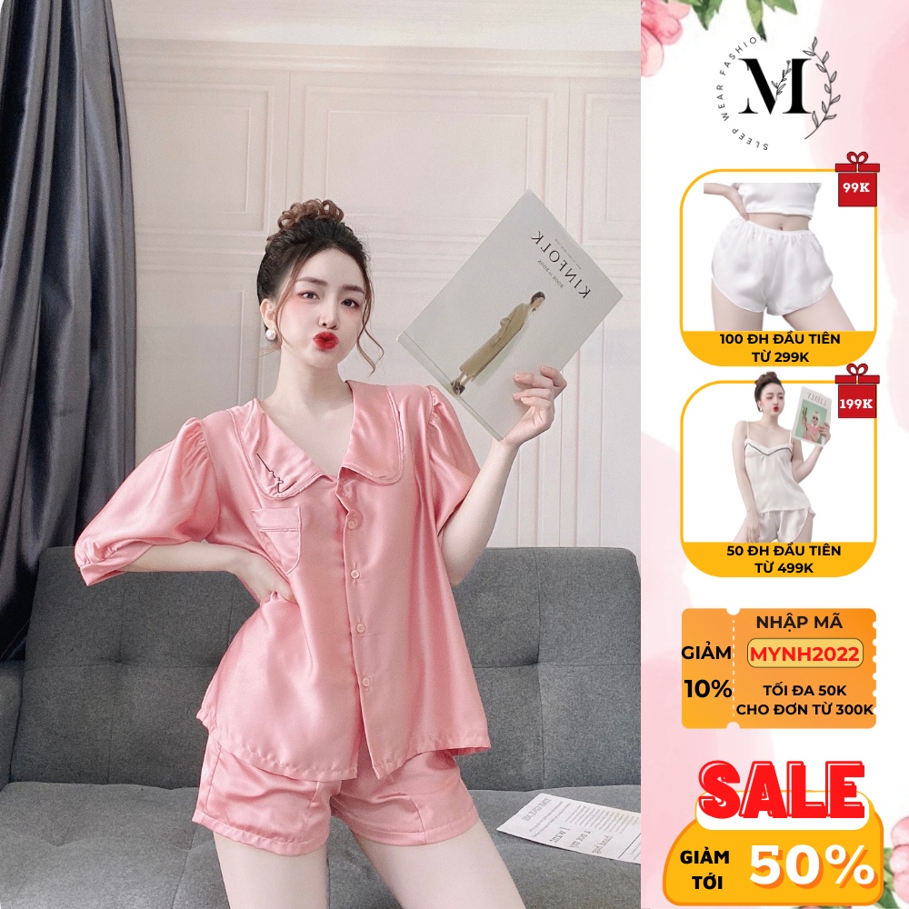[ Lụa Cao Cấp ] Đồ ngủ tiêu thư dễ thương tay ngắn cổ thêu gợi cảm mặc nhà chất liệu lụa satin mềm mịn 038