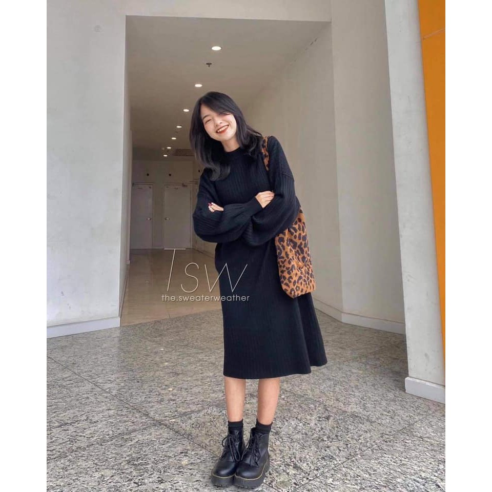 Váy Len đen basic mùa thu đông đơn giản cá tính HOT 🎀 Váy Len Dáng Thụng Ulzzang | BigBuy360 - bigbuy360.vn