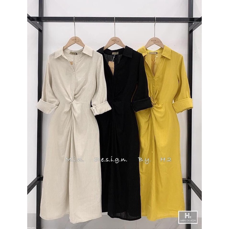 Đầm sơ mi, váy suông dáng dài tay lỡ dúm li eo full 3 size 3 màu chất đũi kẻ linen cao cấp sang trong, sang chảnh sẵn