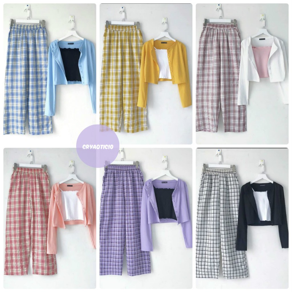 Set như hình áo croptop tay dài + áo 2 dây bên trong + quần dài caro hot hit ulzzang