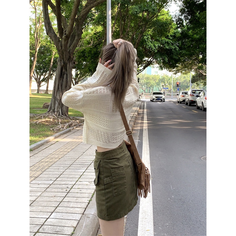 Cocory vn Set Áo Len Tay Dài Phối Chân váy jean Thời Trang Cho Nữ