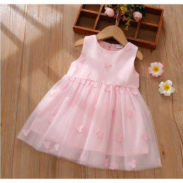 Đầm cho bé gái, Váy cho bé gái 7-15kg (0-3 tuổi) màu hồng nhạt dáng xòe in hình trái tim xinh xắn_19847250