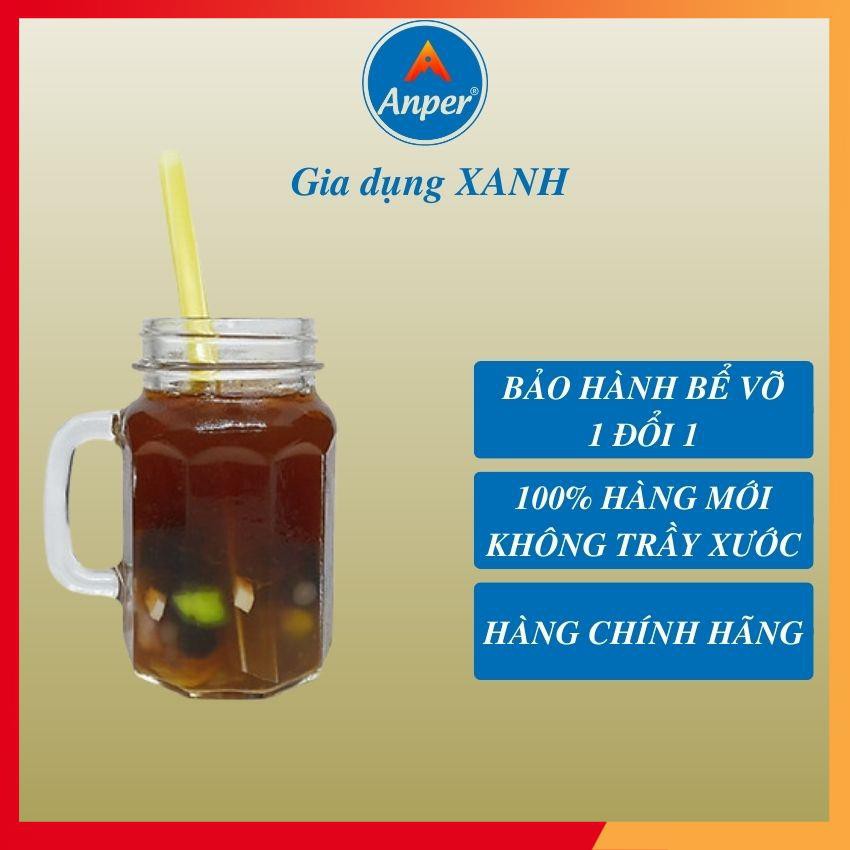 Ly Cốc Thủy Tinh Anper 450ml Cao Cấp Sang Trọng, 10 Cạnh Dễ Thương Có Quai, Có Nắp, Dùng Quán nước uống Cà phê, Sinh tố.